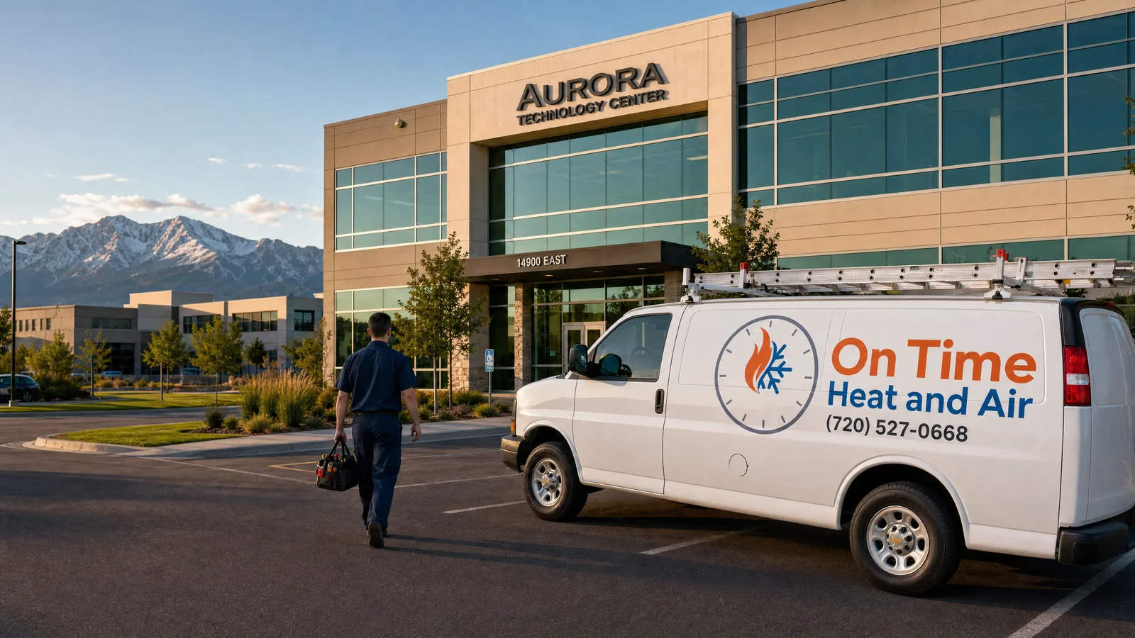 Two On Time technicians servicing commercial rooftop HVAC units in Denver