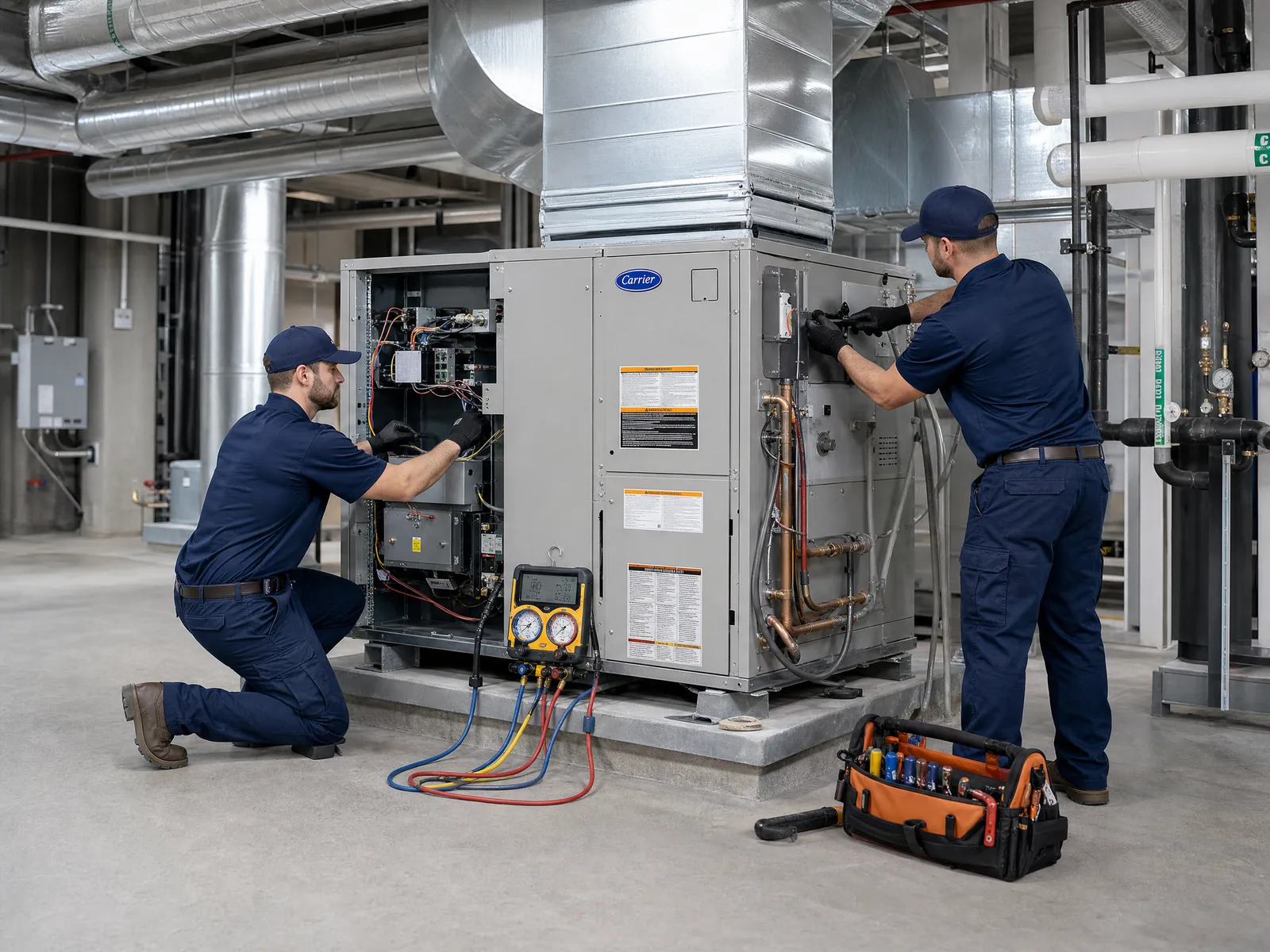 On Time technician performing commercial HVAC maintenance inspection in Aurora Colorado
