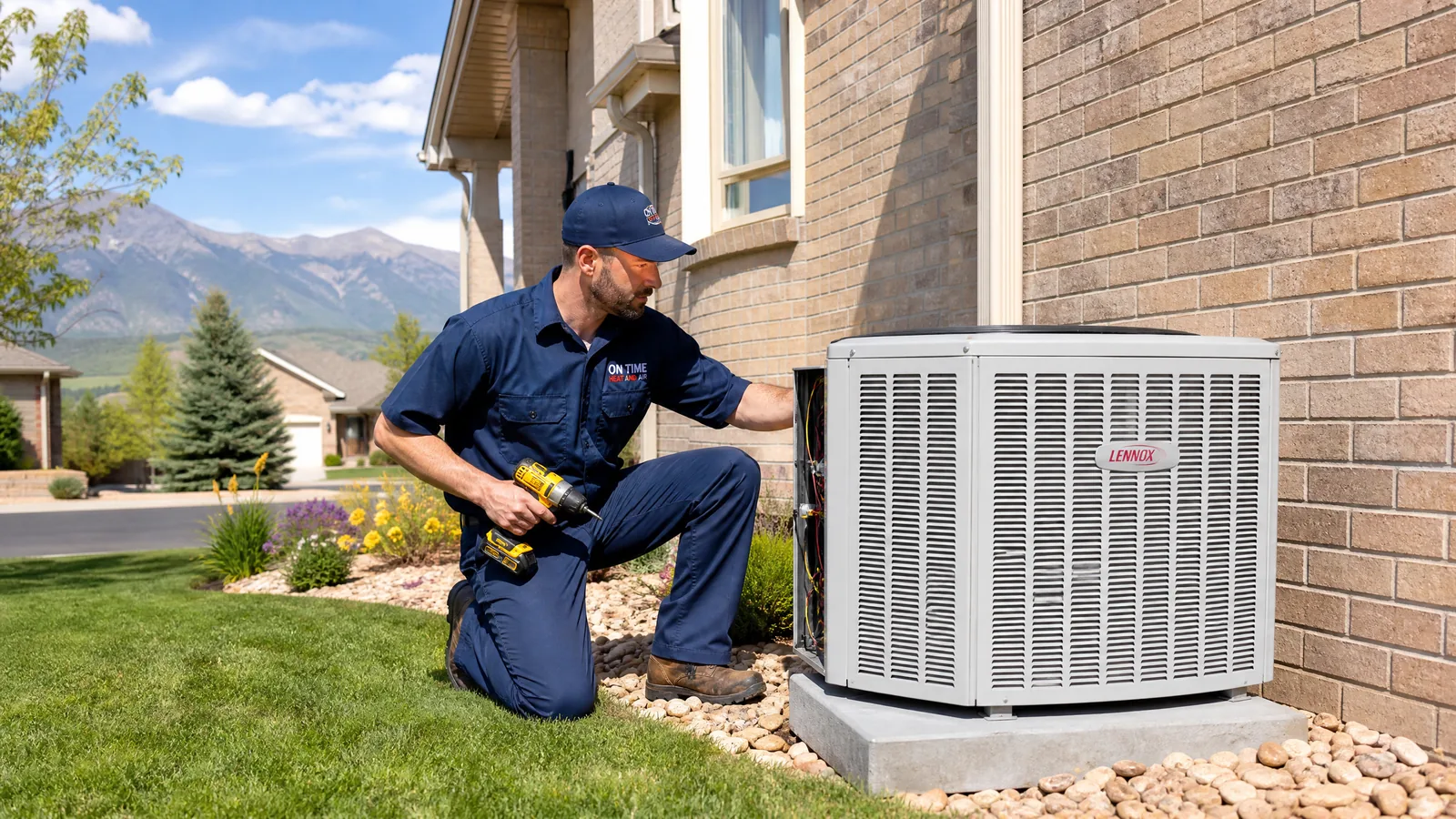 On Time Heat and Air technician repairing AC unit at Colorado home with mountain views
