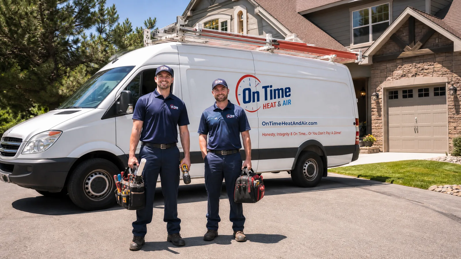 On Time Heat and Air technicians with branded service van — Denver metro Colorado HVAC company