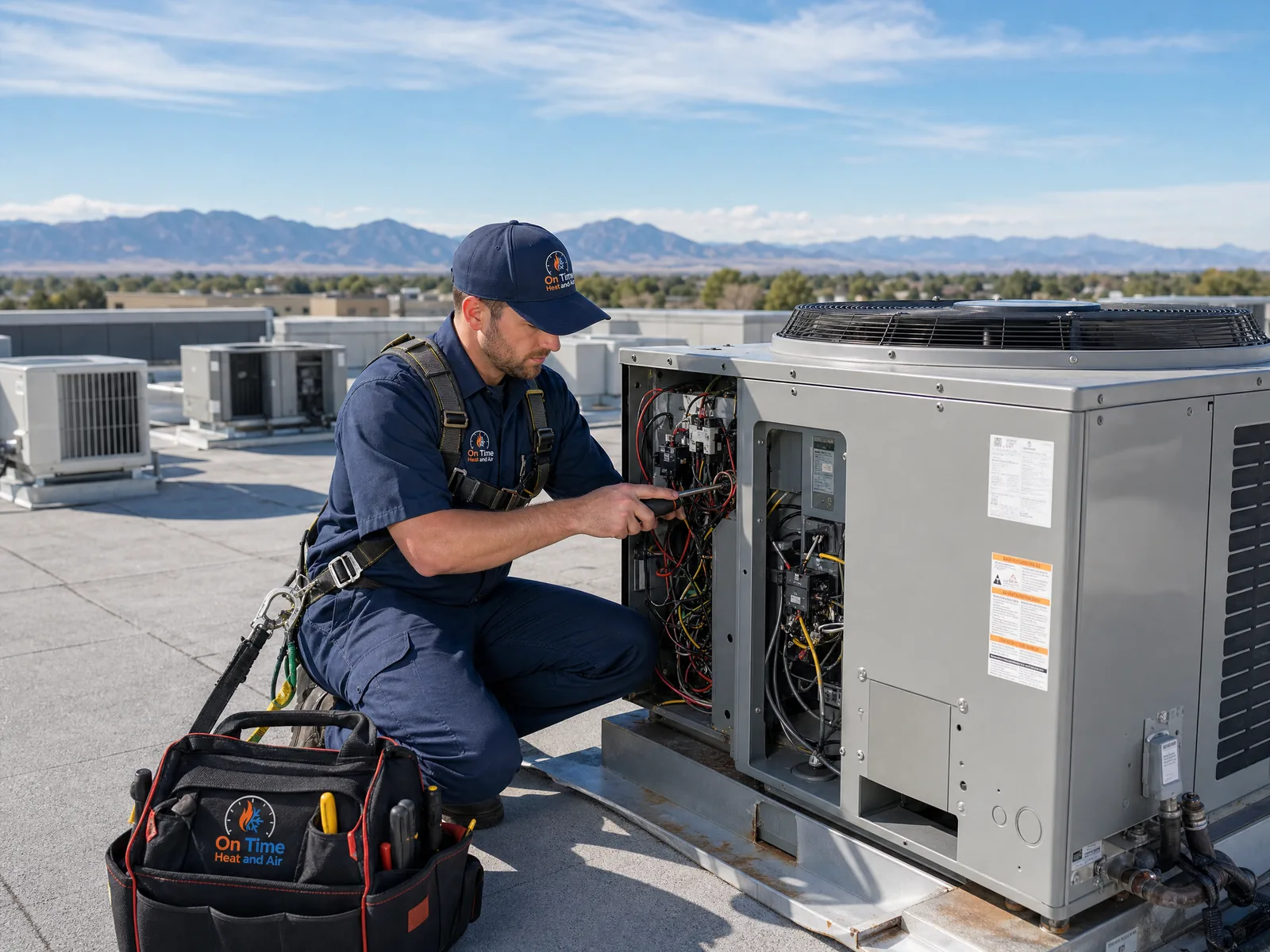 On Time Heat and Air technicians on rooftop servicing commercial HVAC units Denver Colorado