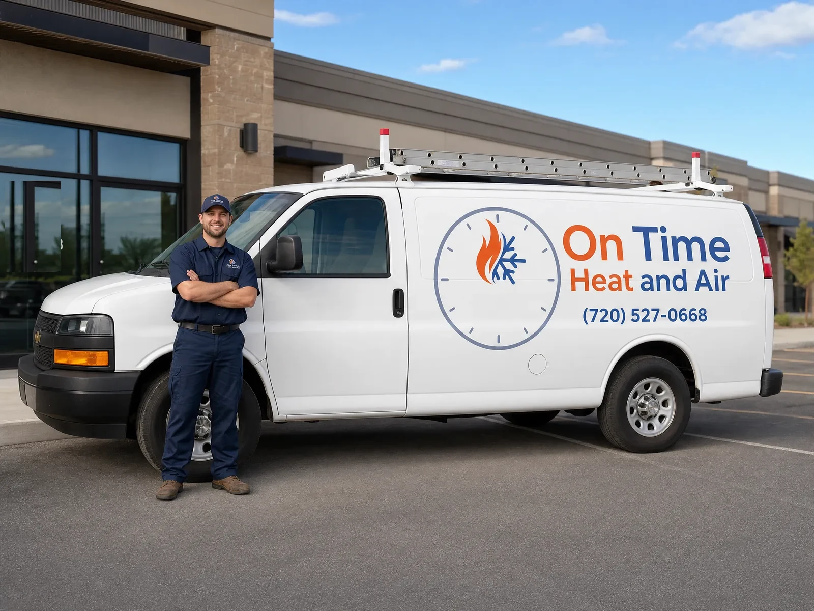 On Time Heat and Air HVAC service van at commercial building with technician