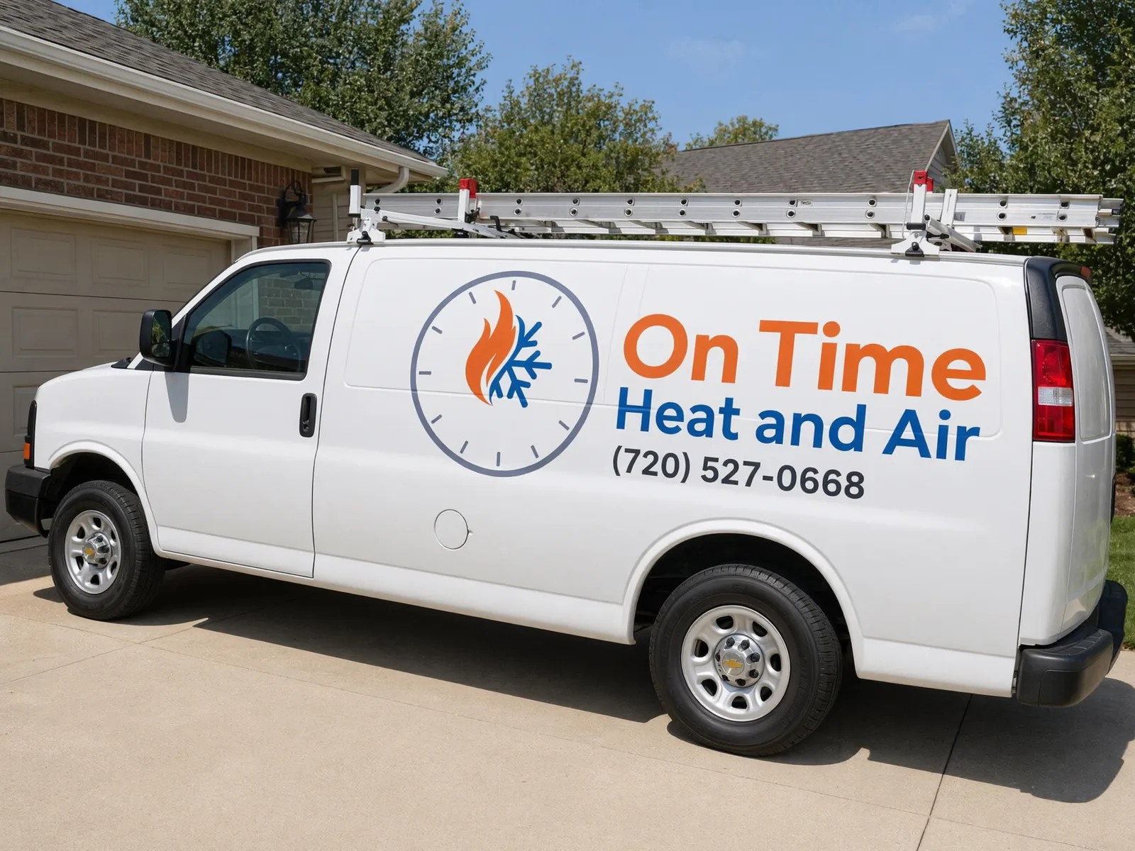 On Time Heat and Air HVAC service van - daytime residential driveway